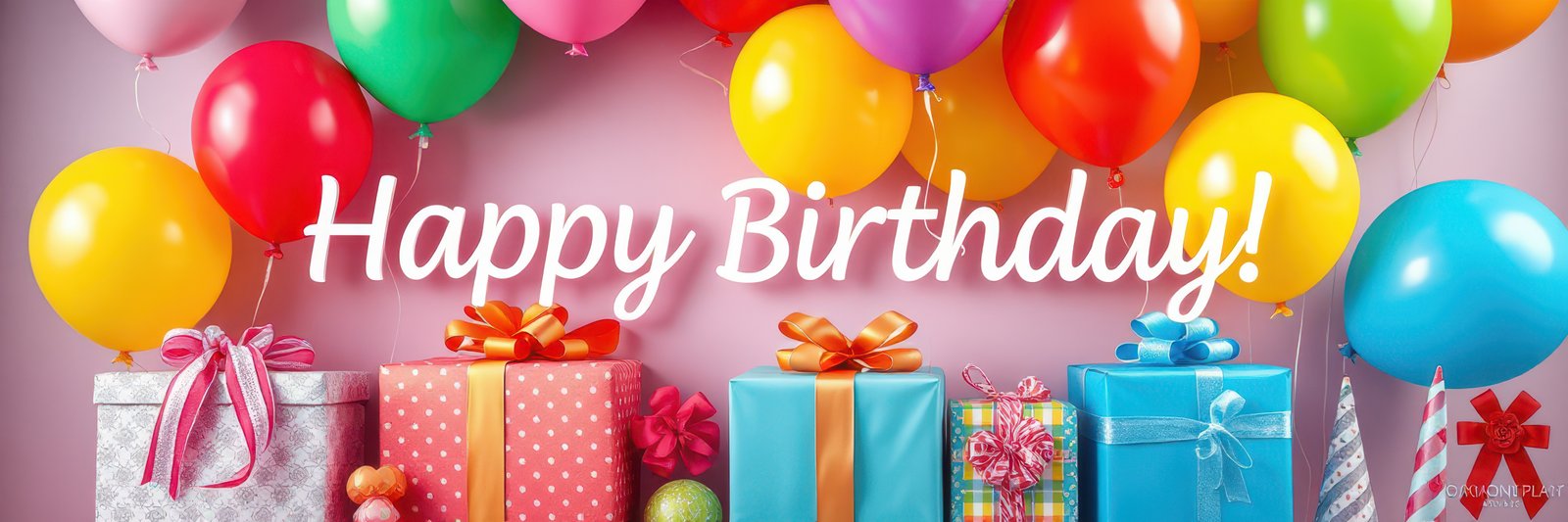 Colorful birthday celebration with balloons and presents arranged on a festive background